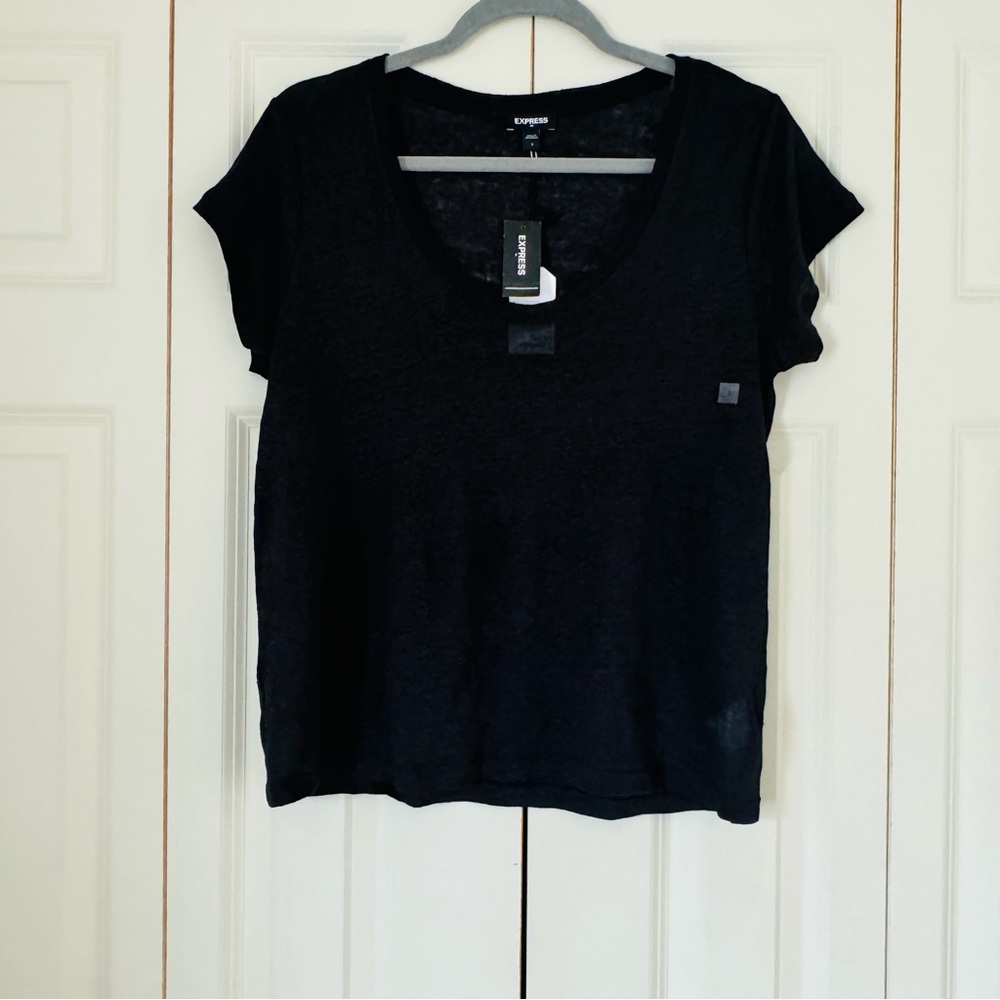 Express Linen Black Short Sleeves Round Neck Shirt Size S NWT